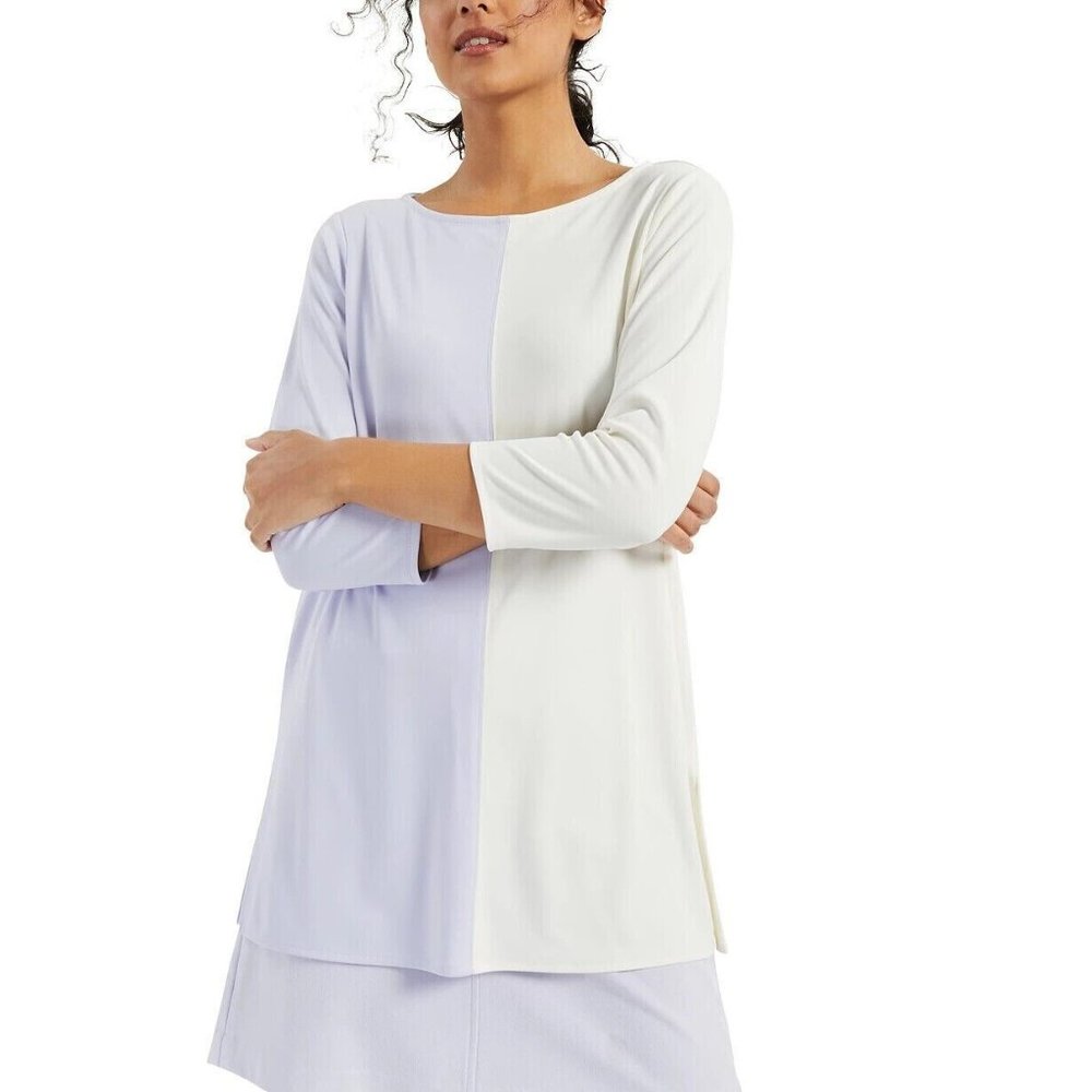 Alfani Womens Small Lightest Lilac Colorblocked Boat Neck Tunic Top NWT E39
